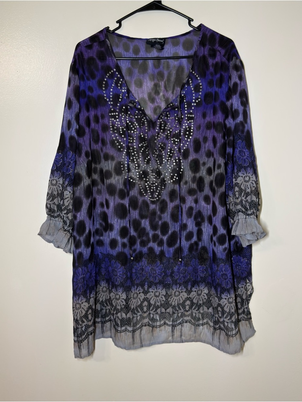 Maggie Barnes Purple Animal Print and Floral Embellished V-Neck Sheer Tunic